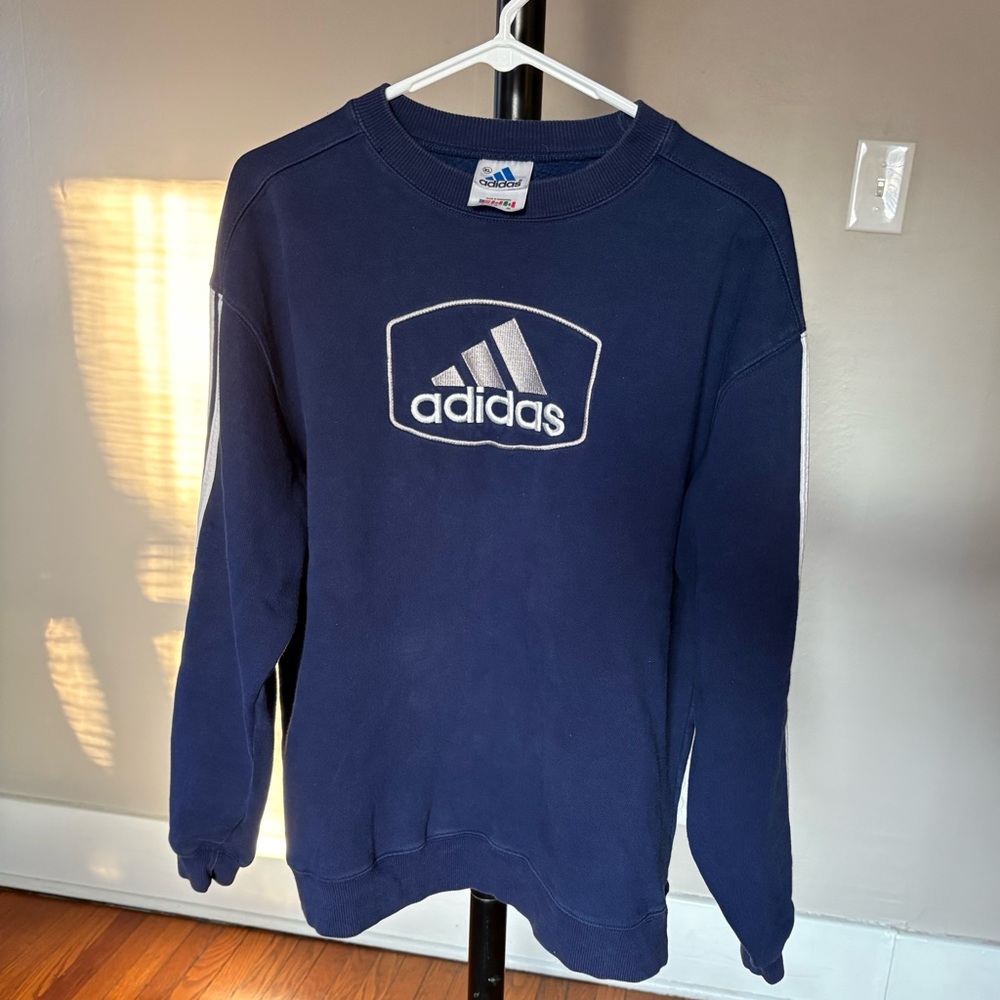 Mens Size XL Navy Blue Adidas Pullover Sweatshirt Y2K Retro 2000s Boxy Fit